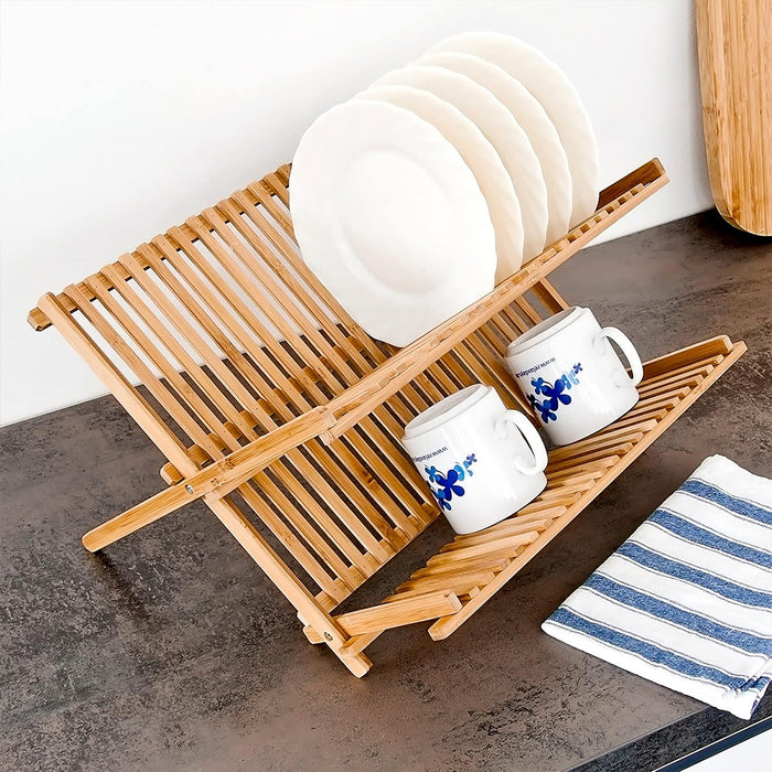 Foldable Bamboo 2 Tier Dish Drying Rack for Kitchen Counter