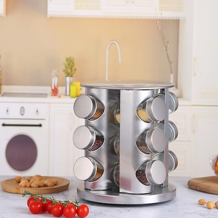 Stainless Steel Rotating Spice Rack with 12 Glass Jars