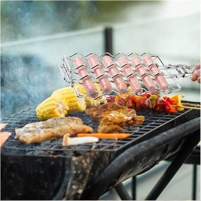 304 Stainless Steel Portable Sausage BBQ Grill Net with Wooden Handle
