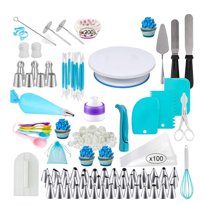 420 Pcs Cake Decorating Kit with 11in Turntable Blue Silver