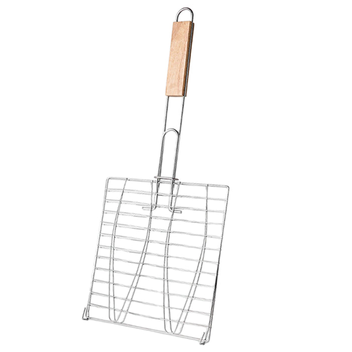 Iron BBQ Net Clamp with Wooden Handle Fish and Square Shape 2 Sizes