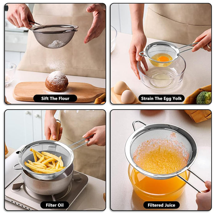 3 Pcs Stainless Steel Flour Sifter Fine Mesh Strainer Set