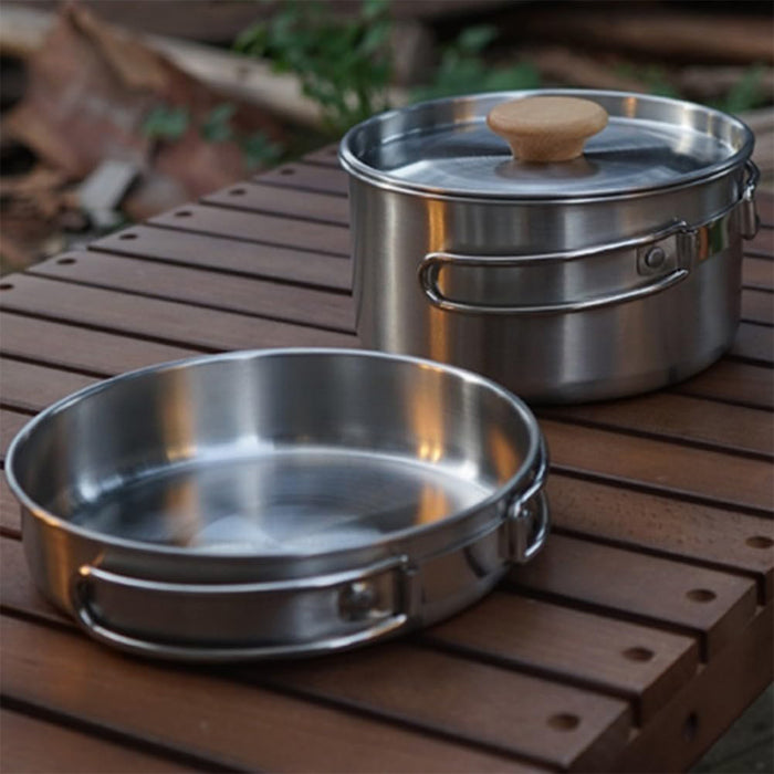 2 Pcs 304 Stainless Steel Camping Pot and Pan Set with Folding Handles