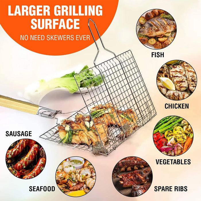 2 Pcs Electroplated Iron BBQ Net Clamp with Wooden Handle Square Mesh