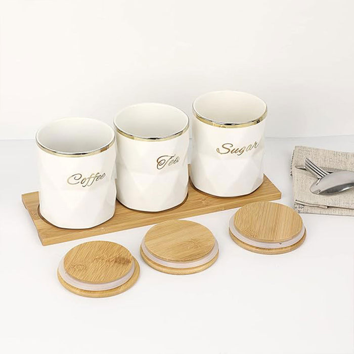 3 Pcs Ceramic Airtight Storage Jars with Bamboo Lids and Tray