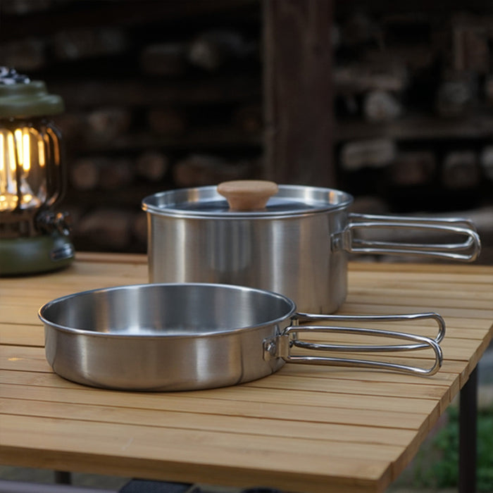 2 Pcs 304 Stainless Steel Camping Pot and Pan Set with Folding Handles