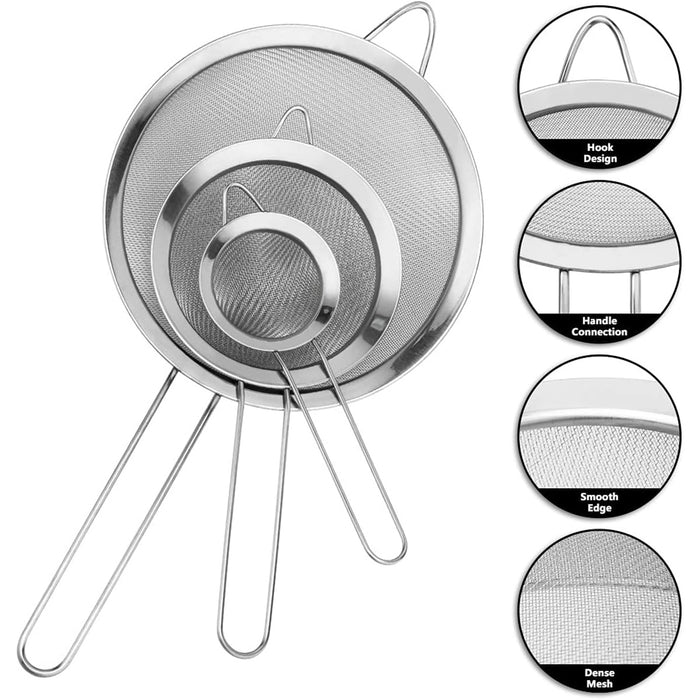 3 Pcs Stainless Steel Flour Sifter Fine Mesh Strainer Set