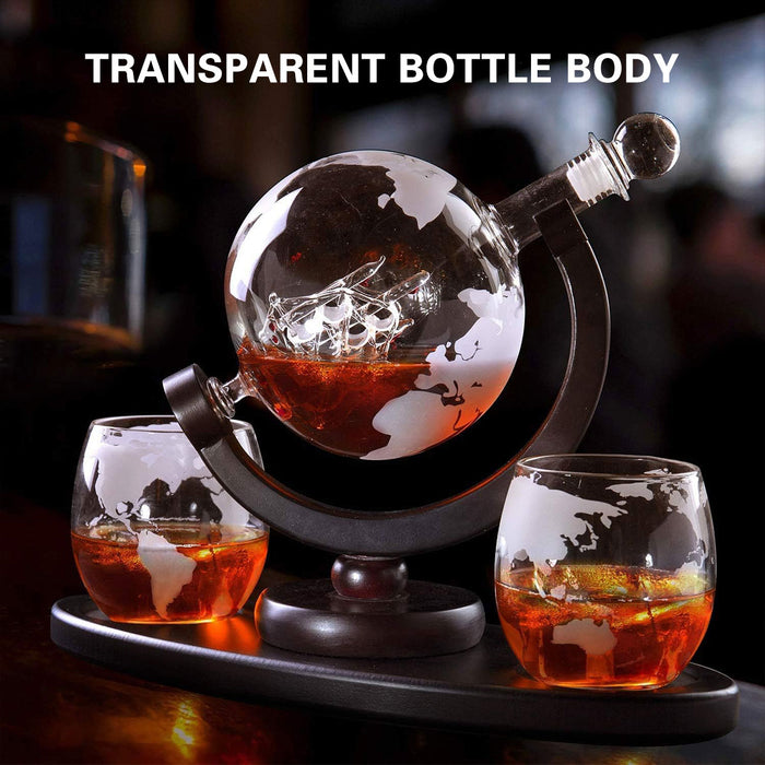 Globe Wine Decanter Set with Sailing Ship and 2 Glasses