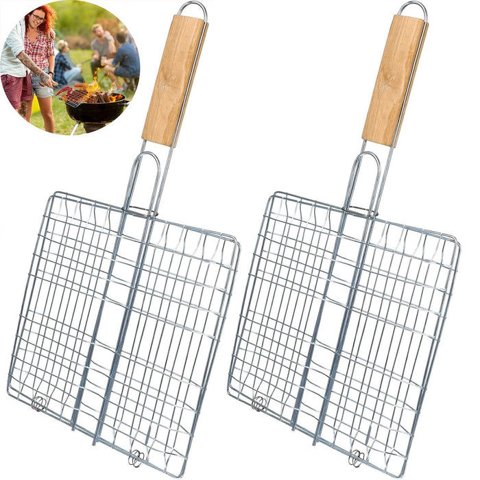 2 Pcs Electroplated Iron BBQ Net Clamp with Wooden Handle Square Mesh