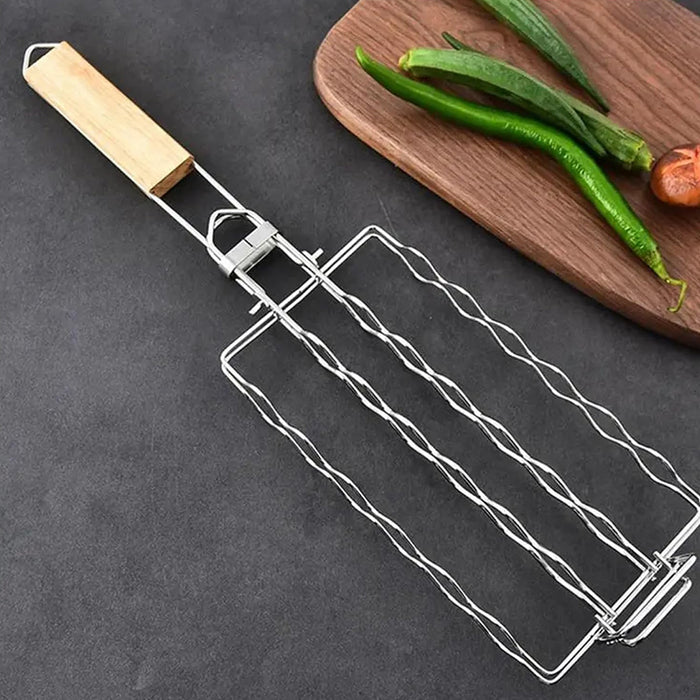 304 Stainless Steel Portable Sausage BBQ Grill Net with Wooden Handle