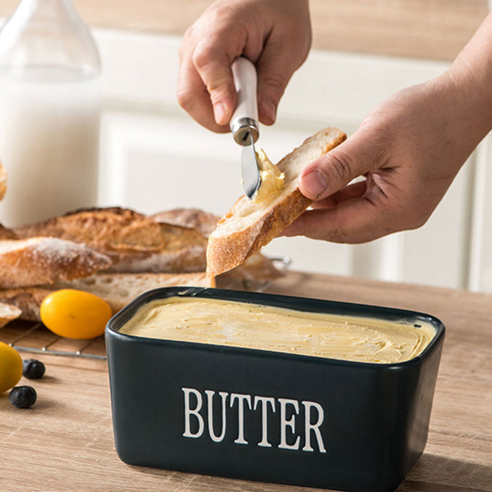 Ceramic Butter Box with Bamboo Lid Knife Slot 14.5cm