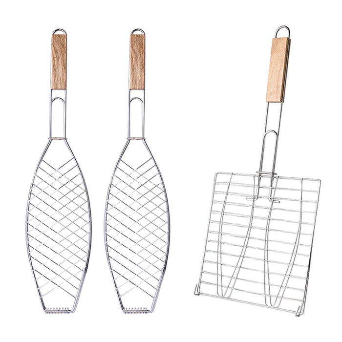 Iron BBQ Net Clamp with Wooden Handle Fish and Square Shape 2 Sizes