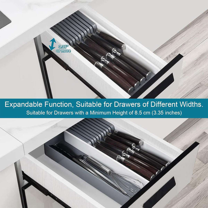 Expandable Knife Organiser Tray with Silicone Inserts White Grey