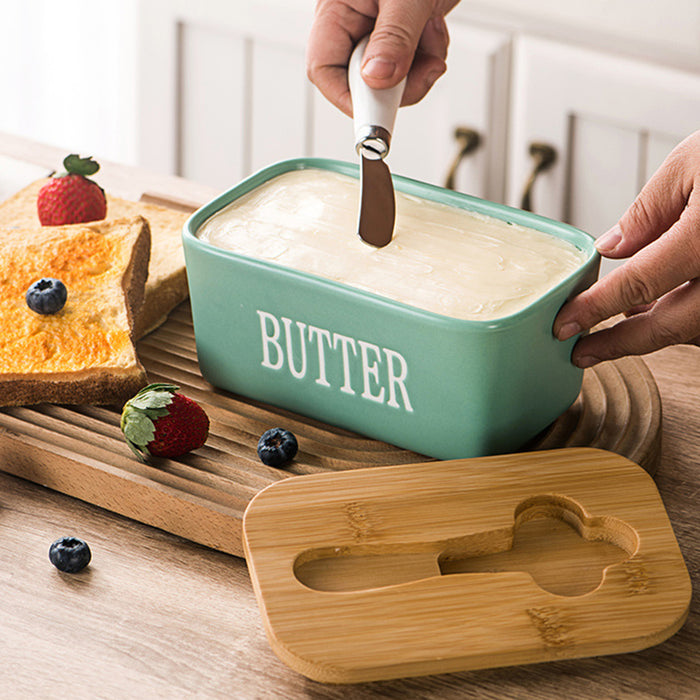 Ceramic Butter Box with Bamboo Lid Knife Slot 14.5cm