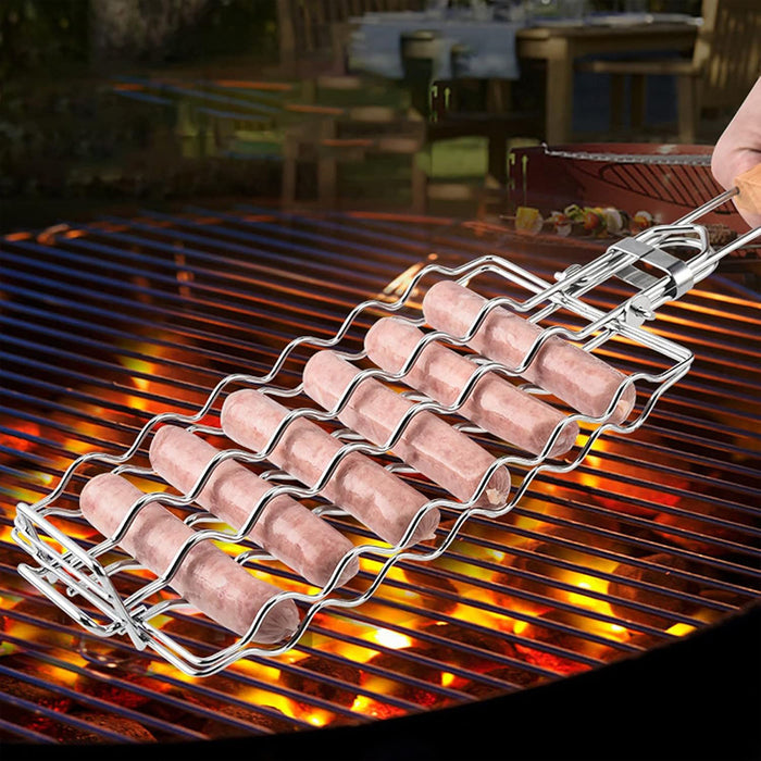 304 Stainless Steel Portable Sausage BBQ Grill Net with Wooden Handle