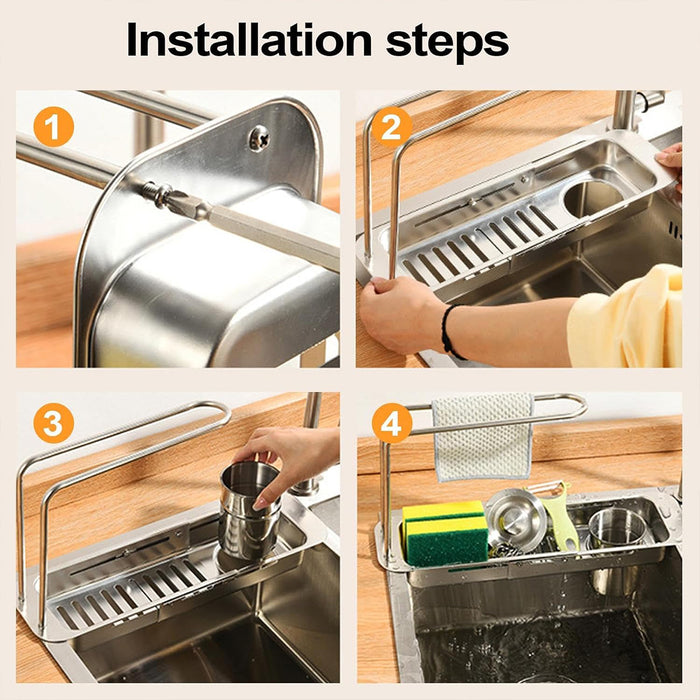 Retractable Sink Draining Rack With Filter Cup Silver Black