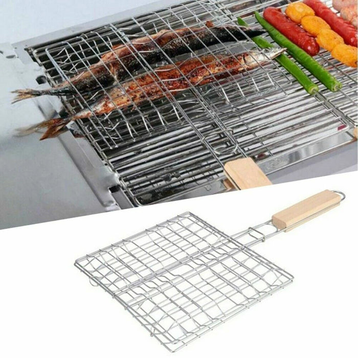 2 Pcs Electroplated Iron BBQ Net Clamp with Wooden Handle Square Mesh