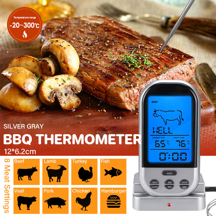 Wireless Remote Cooking Thermometer with Timer, Silver Grey