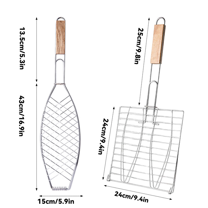 Iron BBQ Net Clamp with Wooden Handle Fish and Square Shape 2 Sizes