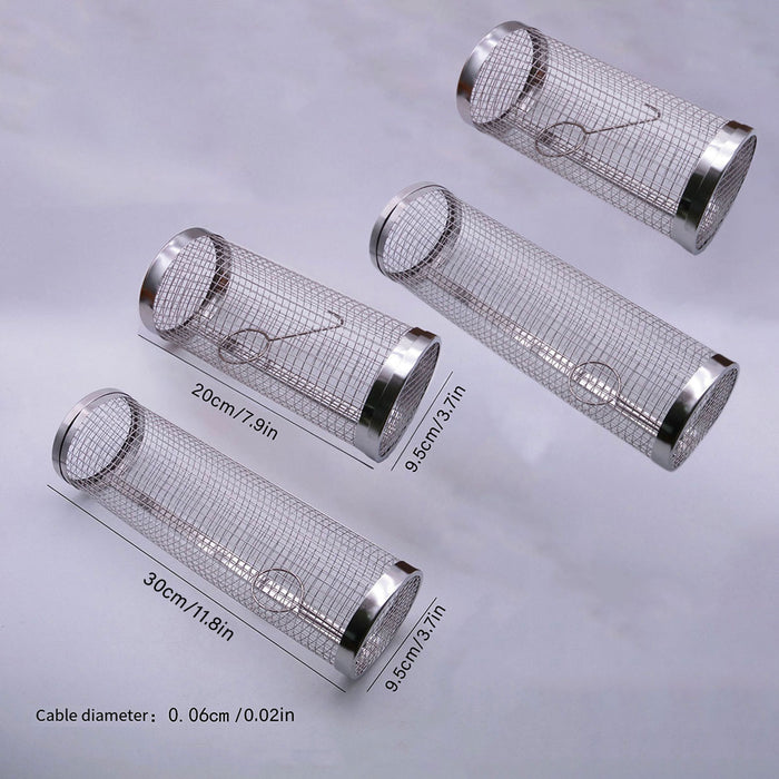 2 Pcs Stainless Steel Rotating BBQ Basket Round Grill Cage Small 20 x 9.5 cm / Large 30 x 9.5 cm