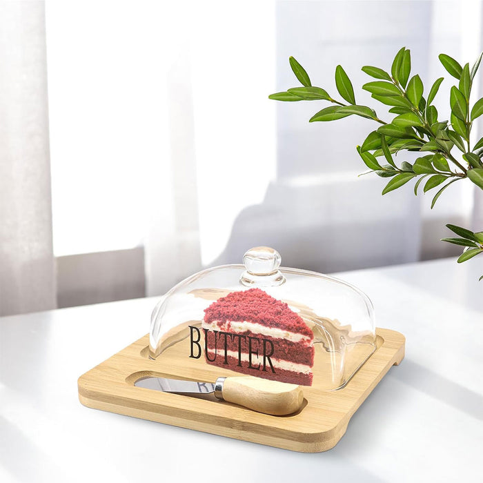 Butter Dish with Glass Lid Bamboo Base With Knife Slot