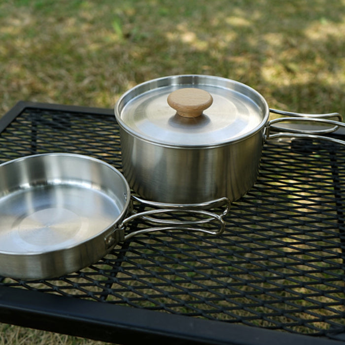 2 Pcs 304 Stainless Steel Camping Pot and Pan Set with Folding Handles