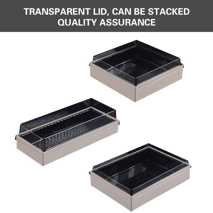 20 Pcs Disposable Sushi Bento Lunch Boxes Wooden Base Transparent Lid 3 Sizes