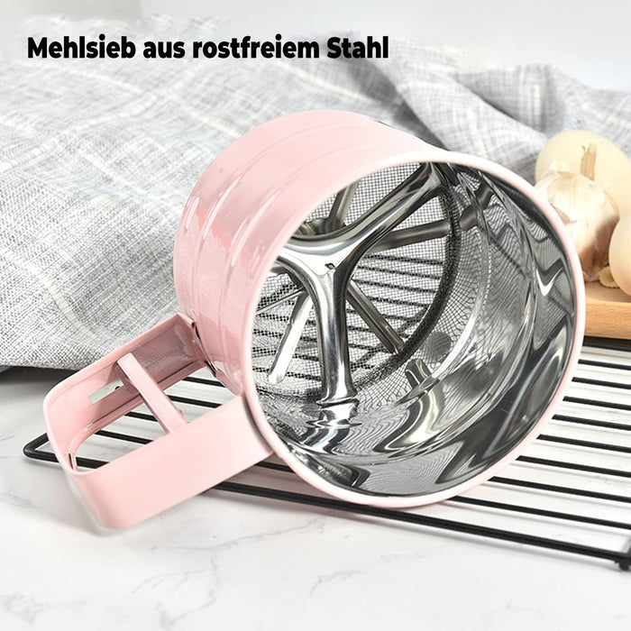 Stainless Steel Hand Crank Rotary Flour Sifter for Baking in Pink or Blue