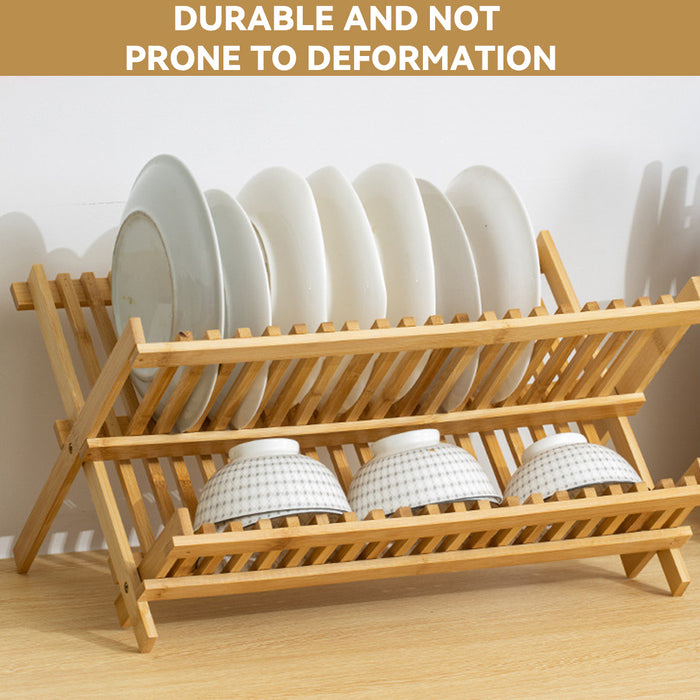 Foldable Bamboo 2 Tier Dish Drying Rack for Kitchen Counter