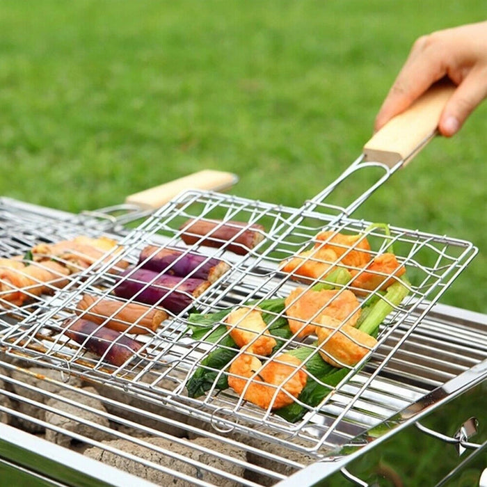 2 Pcs Electroplated Iron BBQ Net Clamp with Wooden Handle Square Mesh