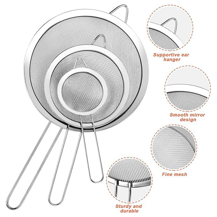 3 Pcs Stainless Steel Flour Sifter Fine Mesh Strainer Set