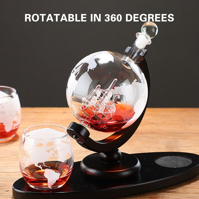 Globe Wine Decanter Set with Sailing Ship and 2 Glasses