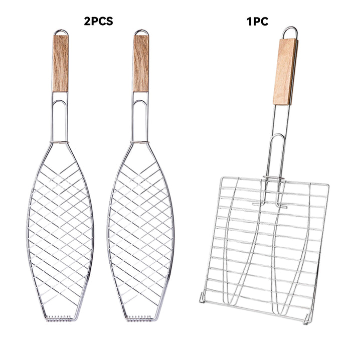 Iron BBQ Net Clamp with Wooden Handle Fish and Square Shape 2 Sizes