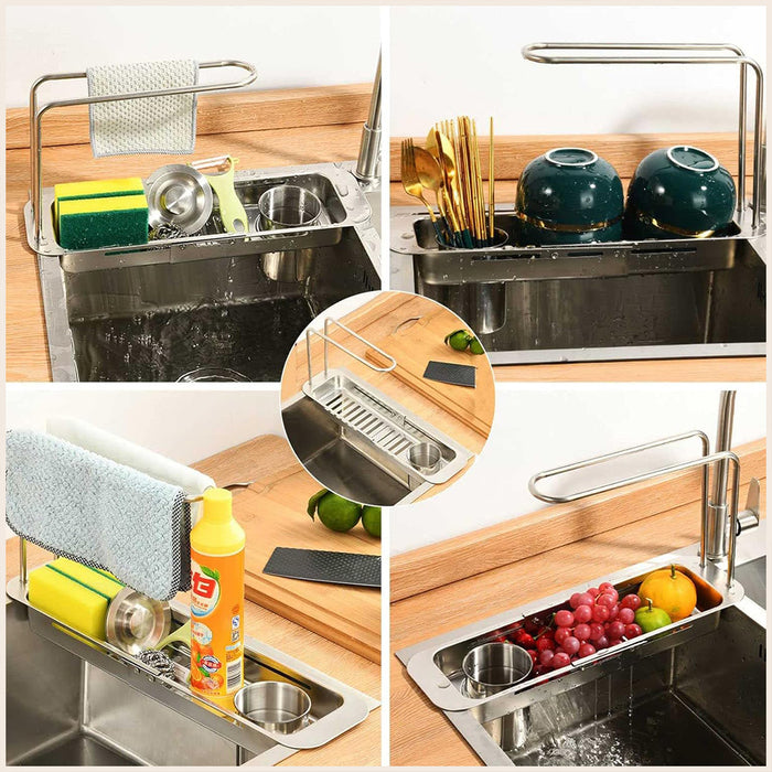 Retractable Sink Draining Rack With Filter Cup Silver Black