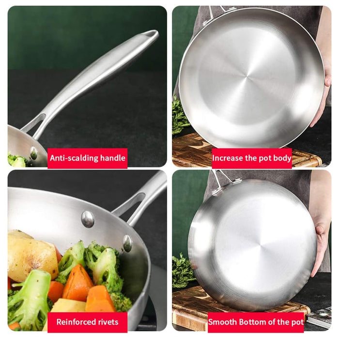 304 Uncoated Stainless Steel Wok Pan Triple-Layer Base for Induction and Gas Stove