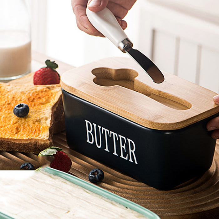Ceramic Butter Box with Bamboo Lid Knife Slot 14.5cm