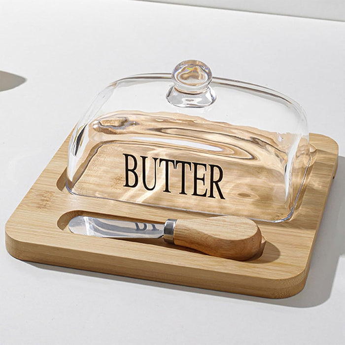 Butter Dish with Glass Lid Bamboo Base With Knife Slot