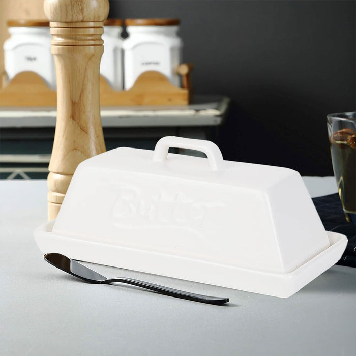 Ceramic Butter Tank with Lid Moisture Proof White 18.5cm