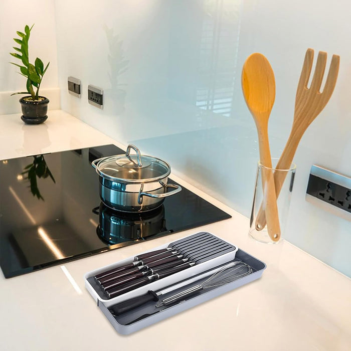 Expandable Knife Organiser Tray with Silicone Inserts White Grey