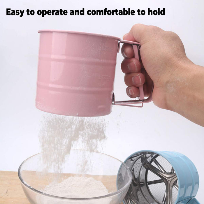Stainless Steel Hand Crank Rotary Flour Sifter for Baking in Pink or Blue