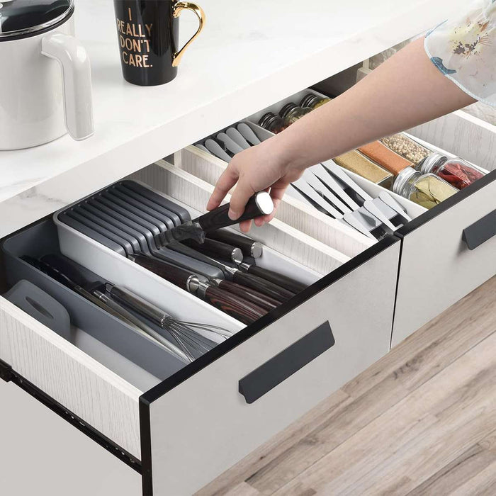 Expandable Knife Organiser Tray with Silicone Inserts White Grey