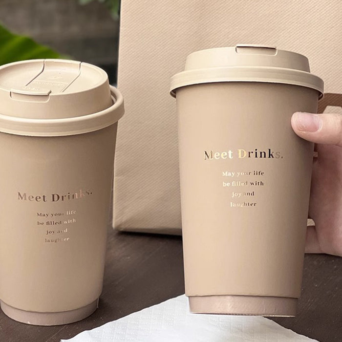 50 Pcs Coffee Paper Cups with Lids Matte Brown 330ml 380ml 500ml