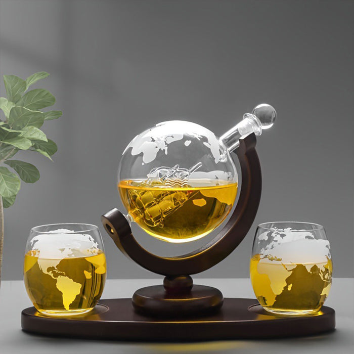 Globe Wine Decanter Set with Sailing Ship and 2 Glasses