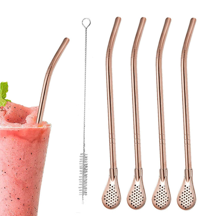 5 Pcs Straw Spoons with Removable Filter 18cm Stainless Steel