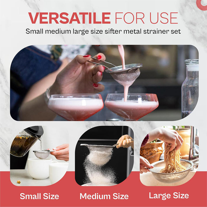 3 Pcs Stainless Steel Flour Sifter Fine Mesh Strainer Set