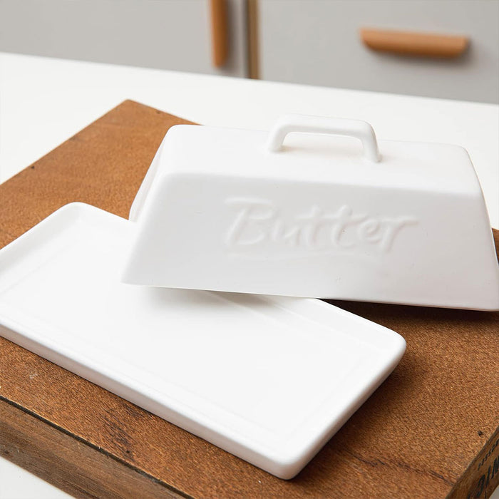 Ceramic Butter Tank with Lid Moisture Proof White 18.5cm