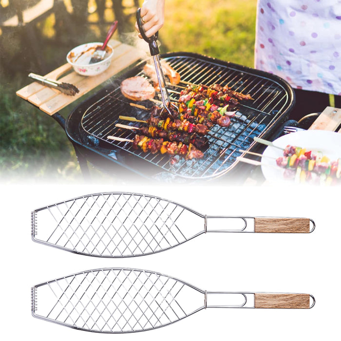 Iron BBQ Net Clamp with Wooden Handle Fish and Square Shape 2 Sizes