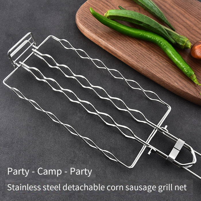 304 Stainless Steel Portable Sausage BBQ Grill Net with Wooden Handle