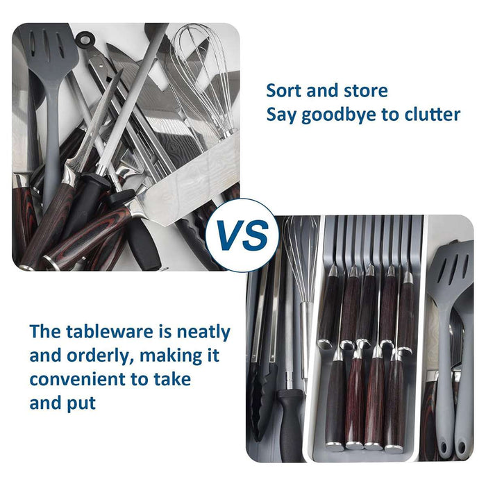Expandable Knife Organiser Tray with Silicone Inserts White Grey
