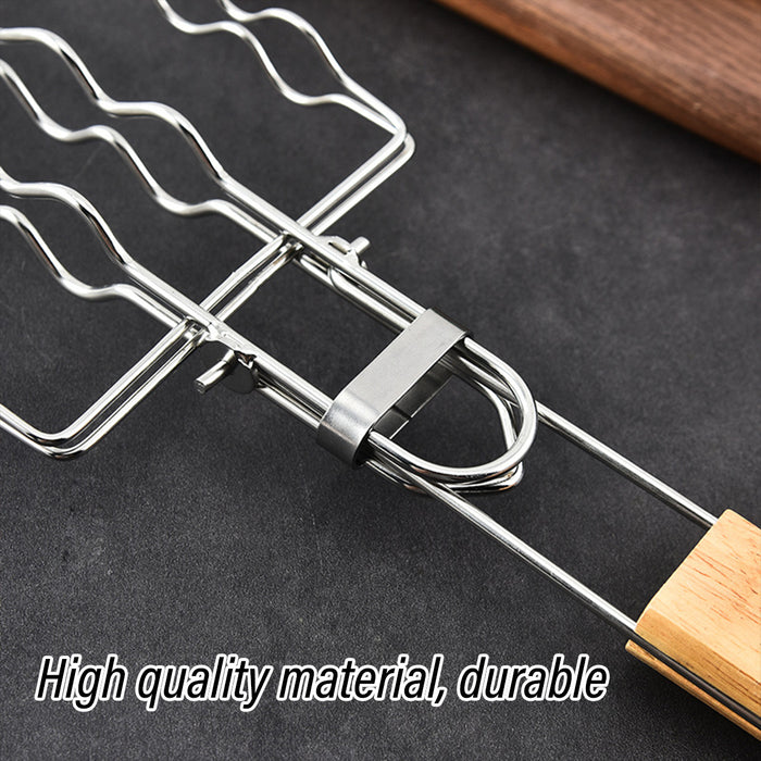 304 Stainless Steel Portable Sausage BBQ Grill Net with Wooden Handle